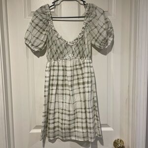 Women's Green Plaid Puff Sleeve Dress
